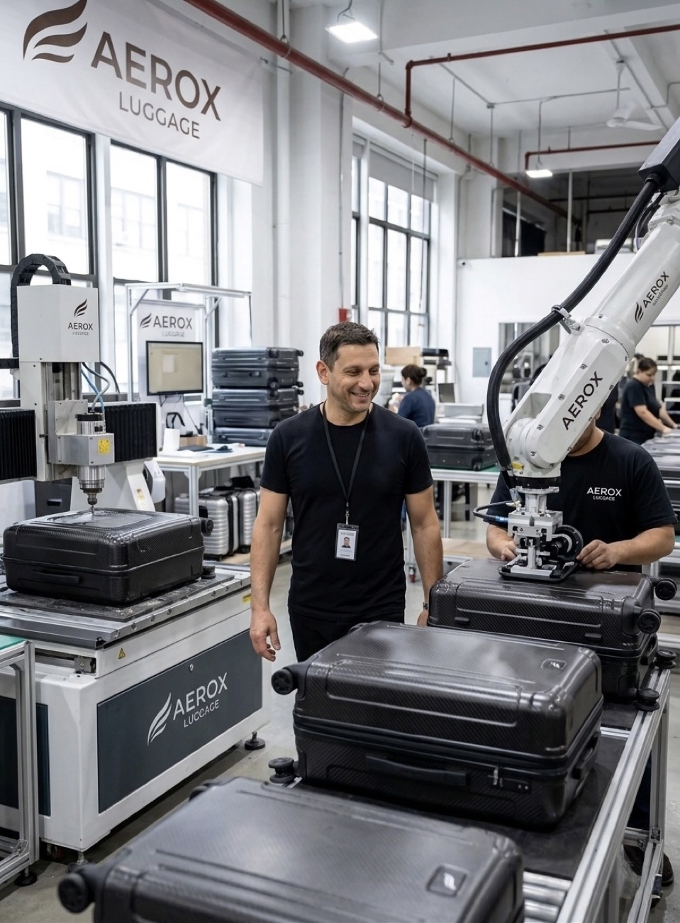 The AEROX atelier floor — CNC machines, a robot-assisted assembly arm and carbon-fibre cases in progress