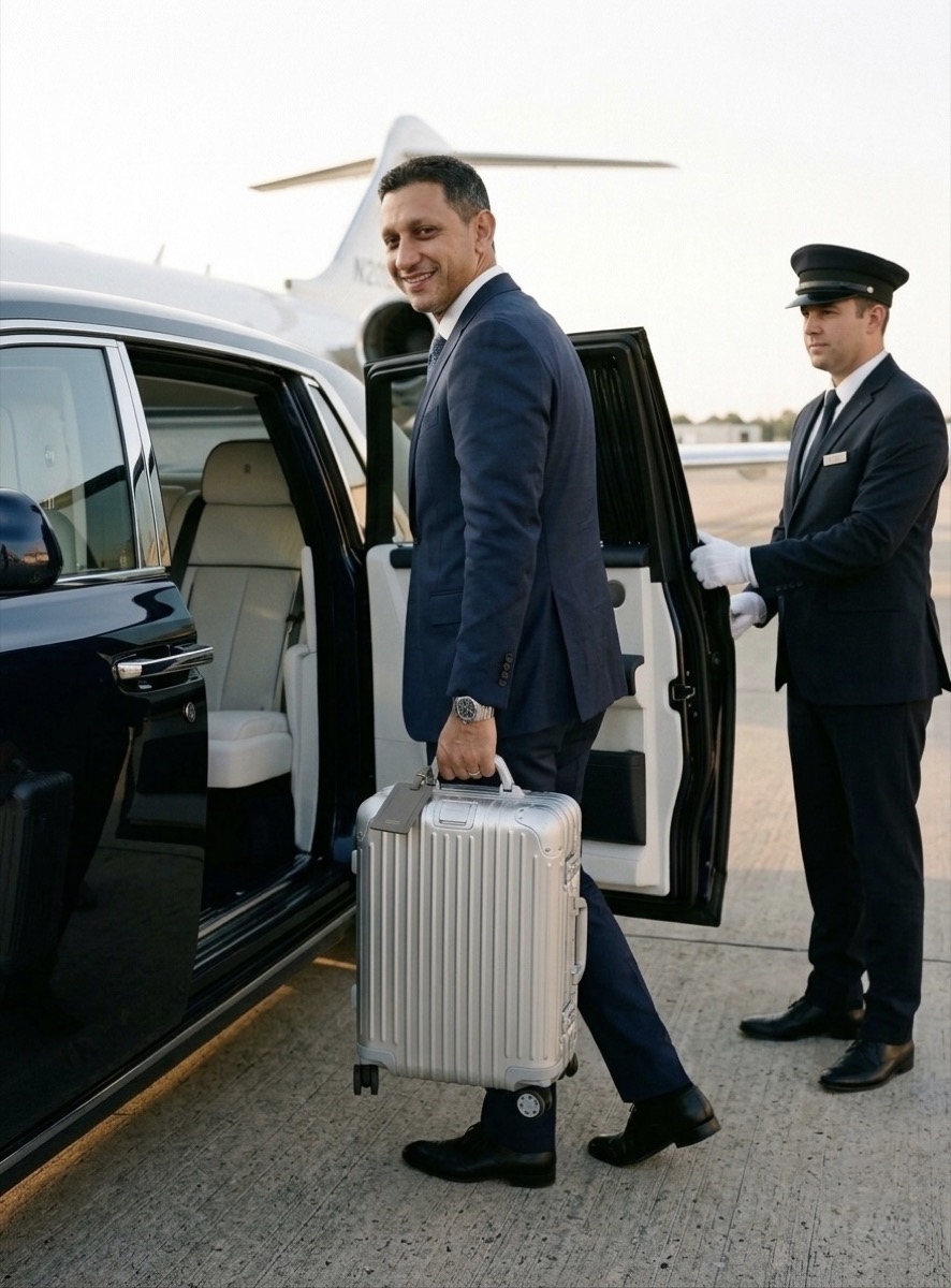 AEROX founder arriving by car, the cabin case in hand