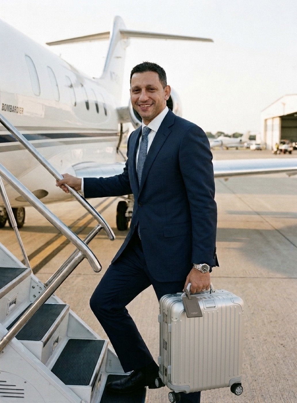 AEROX founder boarding a private jet with the hard-shell cabin case